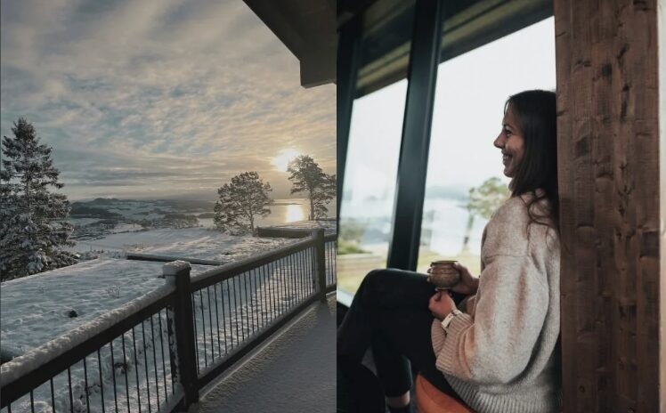 Utsikt fra Øyna og en dame som drikker kaffe